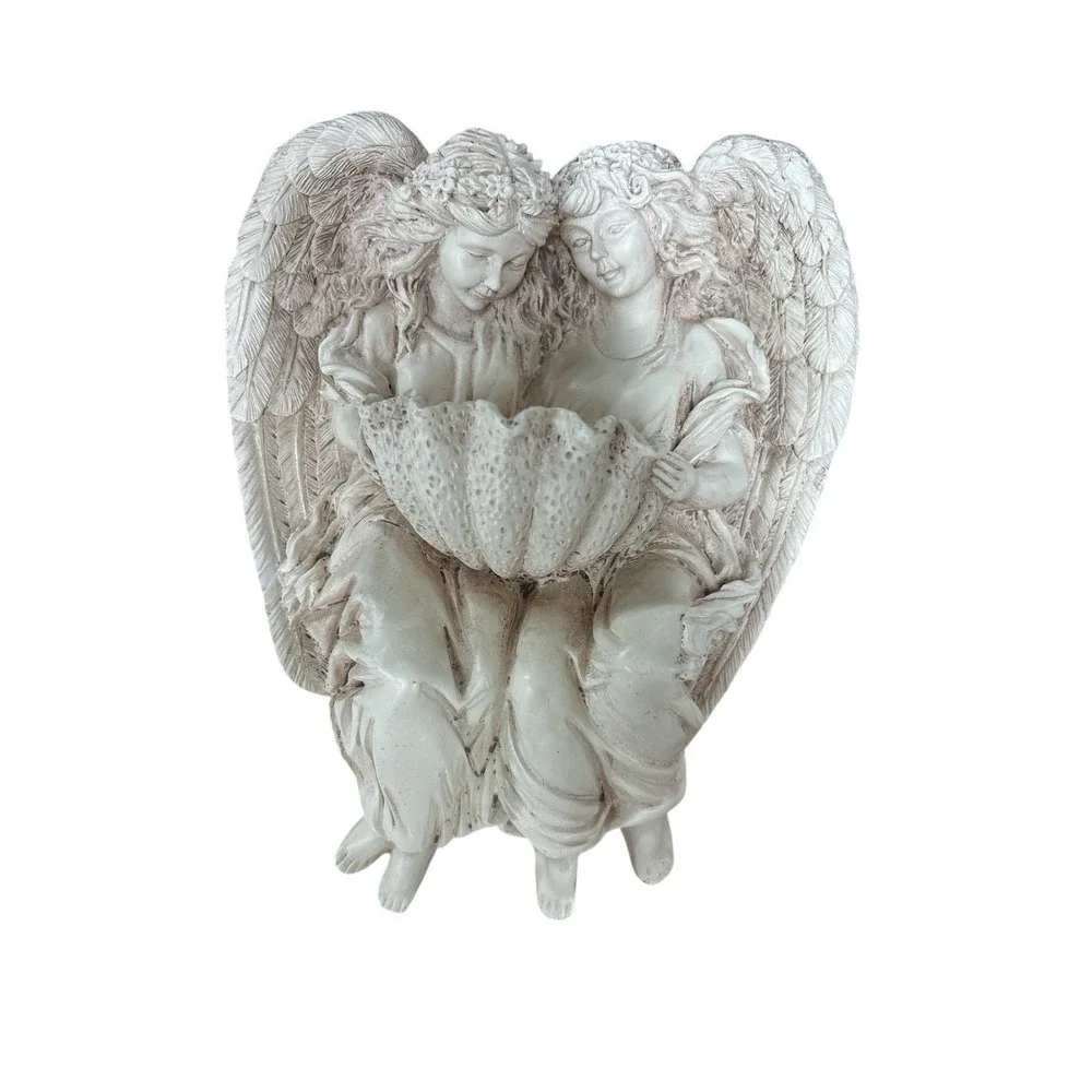 Vintage Romantic Winged Angels Holding Shell Resin Wall Plaque Cream Color 8
